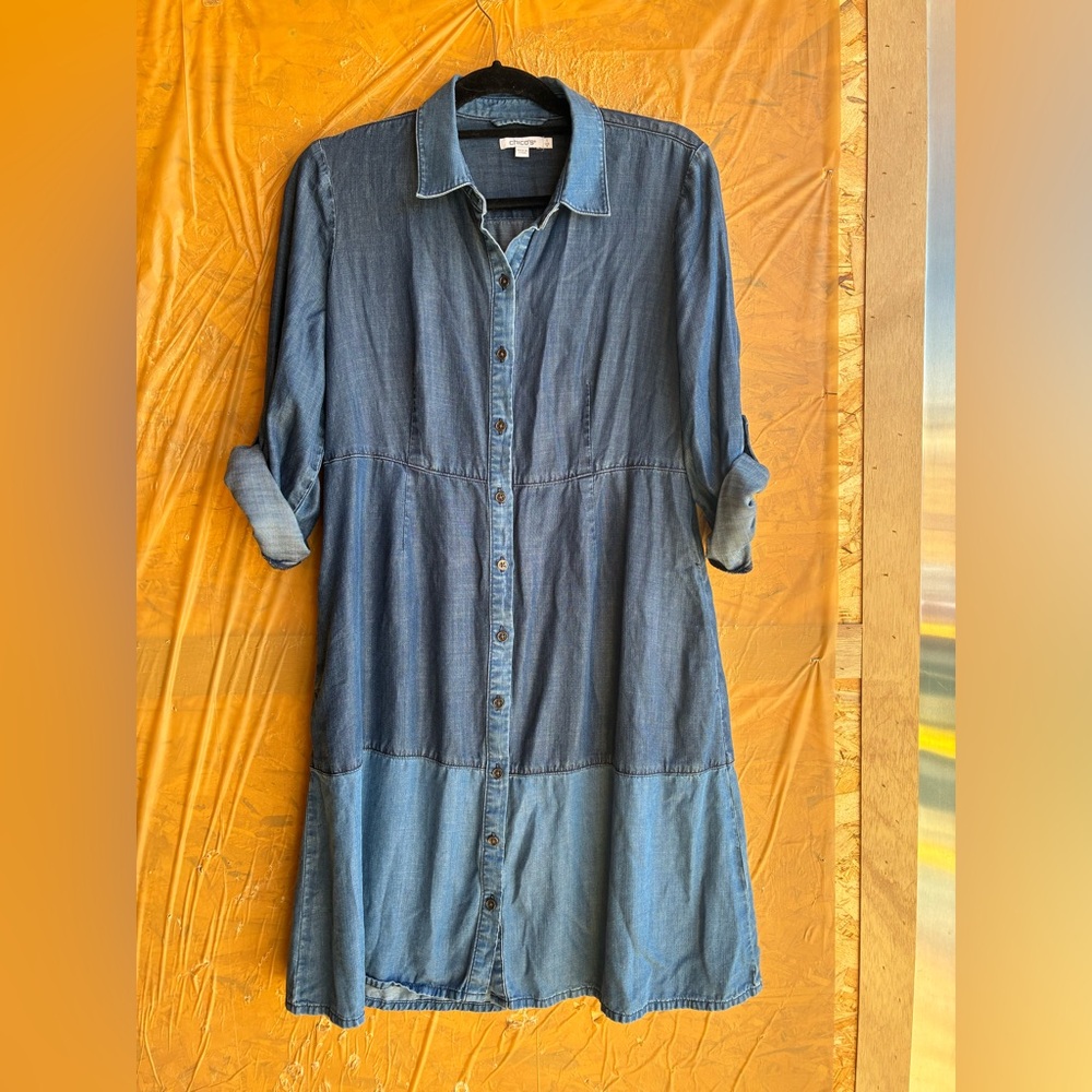 CHICO’S Colorblock Chambray Dress in Marina Bay Indigo Size 8 (1) - Picture 5 of 10